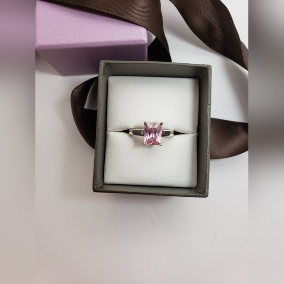 .925 Sterling Silver - Pink Zirconia Cubic Rectangle Ring - Picture 6 of 12